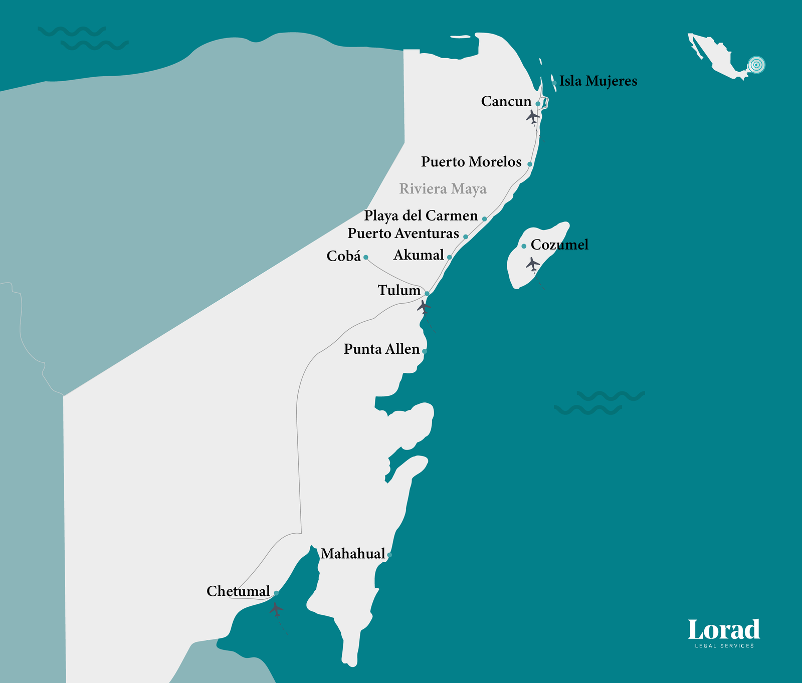 Map of the Riviera Maya that shows the main destinations of the region.