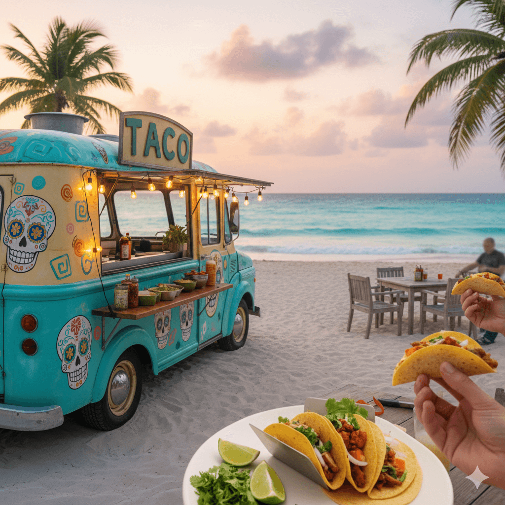 A dreamy, sun-drenched scene at a Riviera Maya beach featuring a vibrant taco food truck parked on white sand. The truck is decorated with colorful Mexican folk art and string lights. In the background, the turquoise Caribbean Sea sparkles under a clear sky, framed by swaying palm trees. The overall aesthetic is warm and tropical, with a soft, cinematic glow.