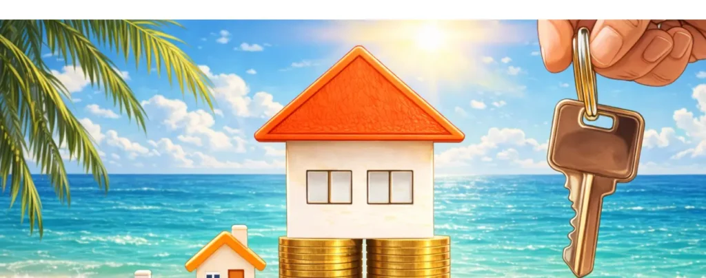 A house with coins in the beach and a key