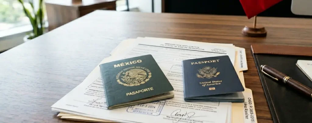 Mexican and US passports on a desk with legal documents at a dual citizenship and immigration law firm.