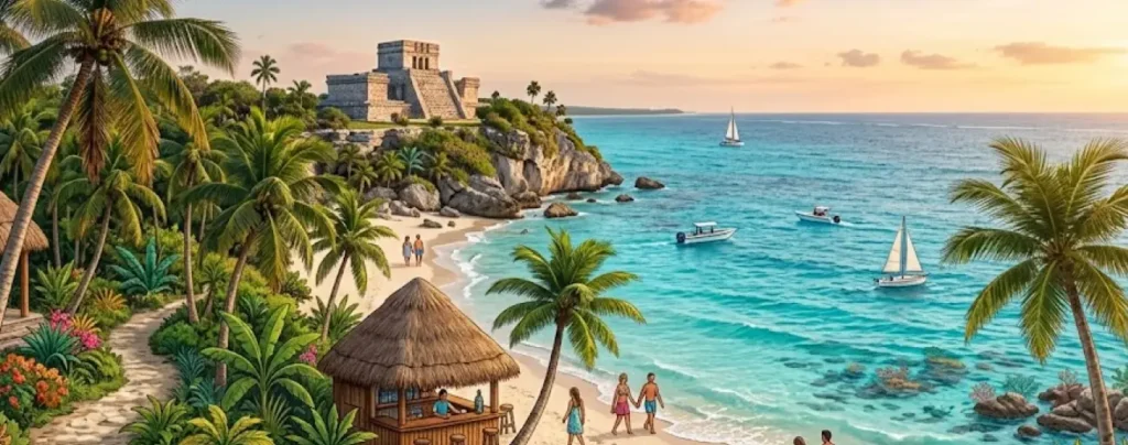 A detailed illustration of a vibrant Riviera Maya beach scene. On the left, a stone staircase winds through lush tropical foliage with blooming pink and orange flowers toward thatched-roof palapas. In the center, people walk along a sandy white beach dotted with lounge chairs and a wooden beach bar. Turquoise ocean waters extend toward a dramatic rocky cliff topped with ancient Mayan ruins, with sailboats floating on the horizon under a warm, soft sky.