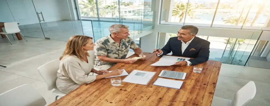 Professional Mexican lawyer in a modern office explaining legal documents to a foreign expat couple during a consultation meeting